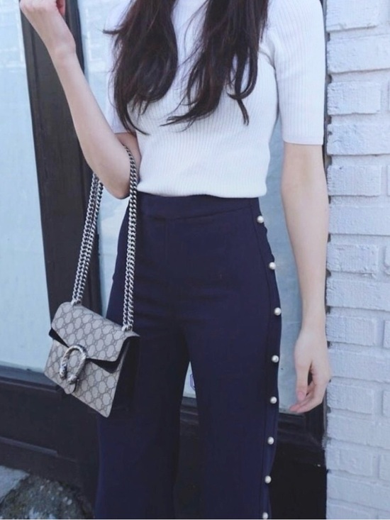Zara Pants - High-Waist Navy Wide-Leg Pants with Pearl Side Details